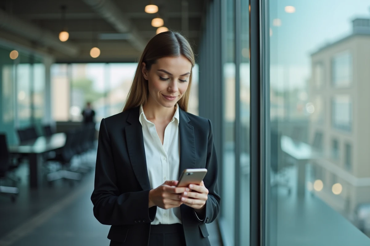 Femme accédant à son compte bancaire LCL en ligne via son smartphone dans un environnement professionnel