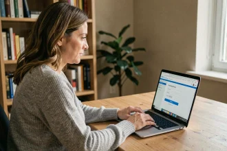 Femme accédant à son espace bancaire en ligne CA PCA depuis un ordinateur portable dans un bureau à domicile