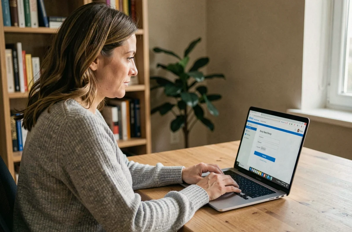 Femme accédant à son espace bancaire en ligne CA PCA depuis un ordinateur portable dans un bureau à domicile