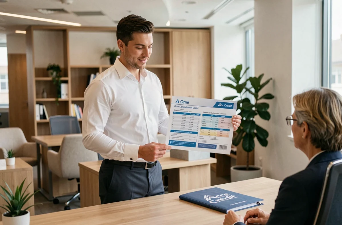 Courtier Ace Crédit Orne debout dans son bureau expliquant les options de financement immobilier à un client