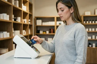 Femme activant le paiement sans contact avec sa carte CMB Bretagne sur un terminal de paiement en boutique