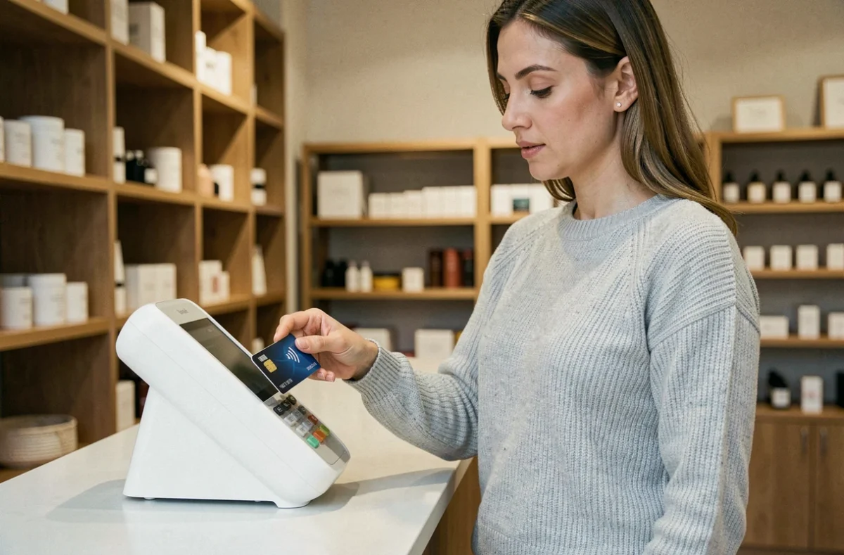 Femme activant le paiement sans contact avec sa carte CMB Bretagne sur un terminal de paiement en boutique