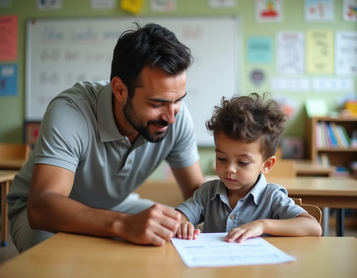 Un accompagnant d'élève en situation de handicap aidant un enfant en classe dans une école primaire française