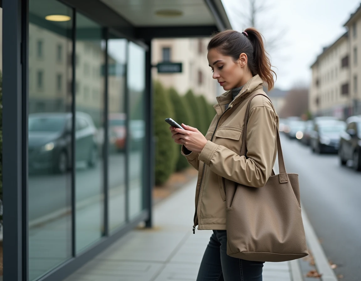 Une AESH attendant le bus après sa journée de travail dans une banlieue française, illustrant la précarité du métier
