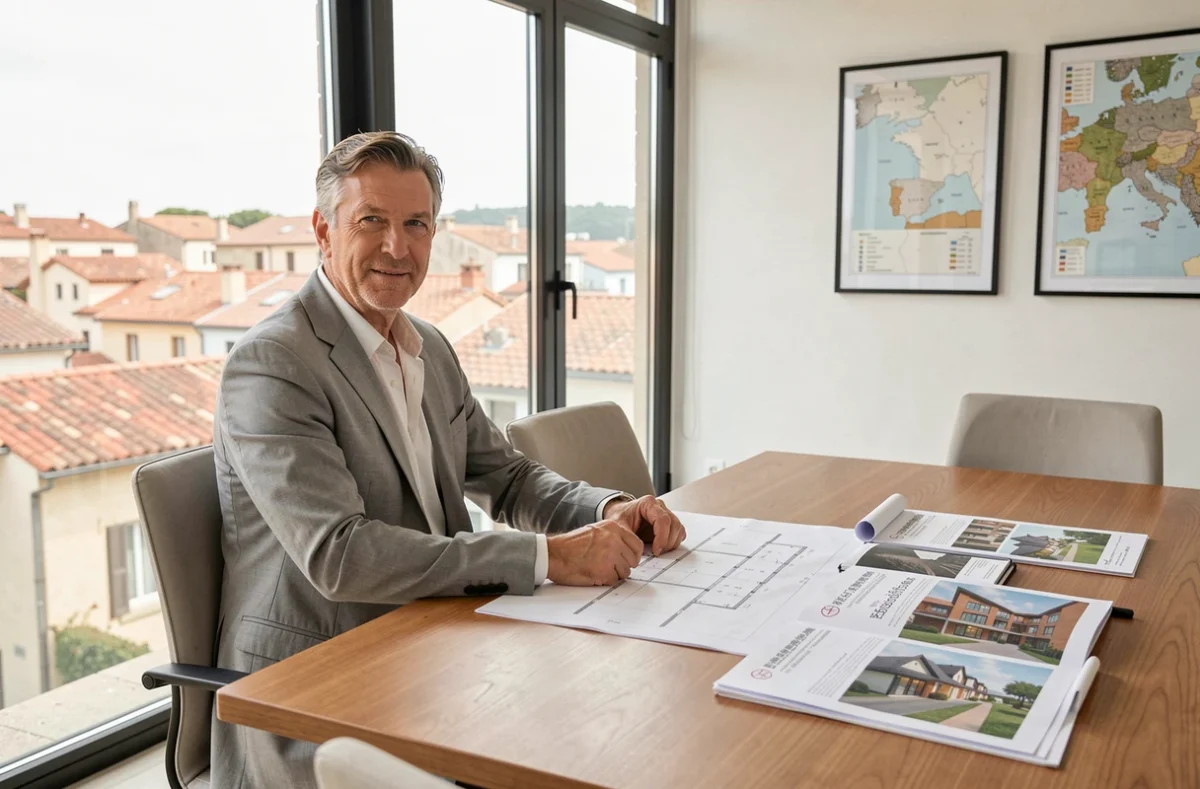 Agent immobilier expert analysant des plans de propriété dans une agence moderne de la région PACA