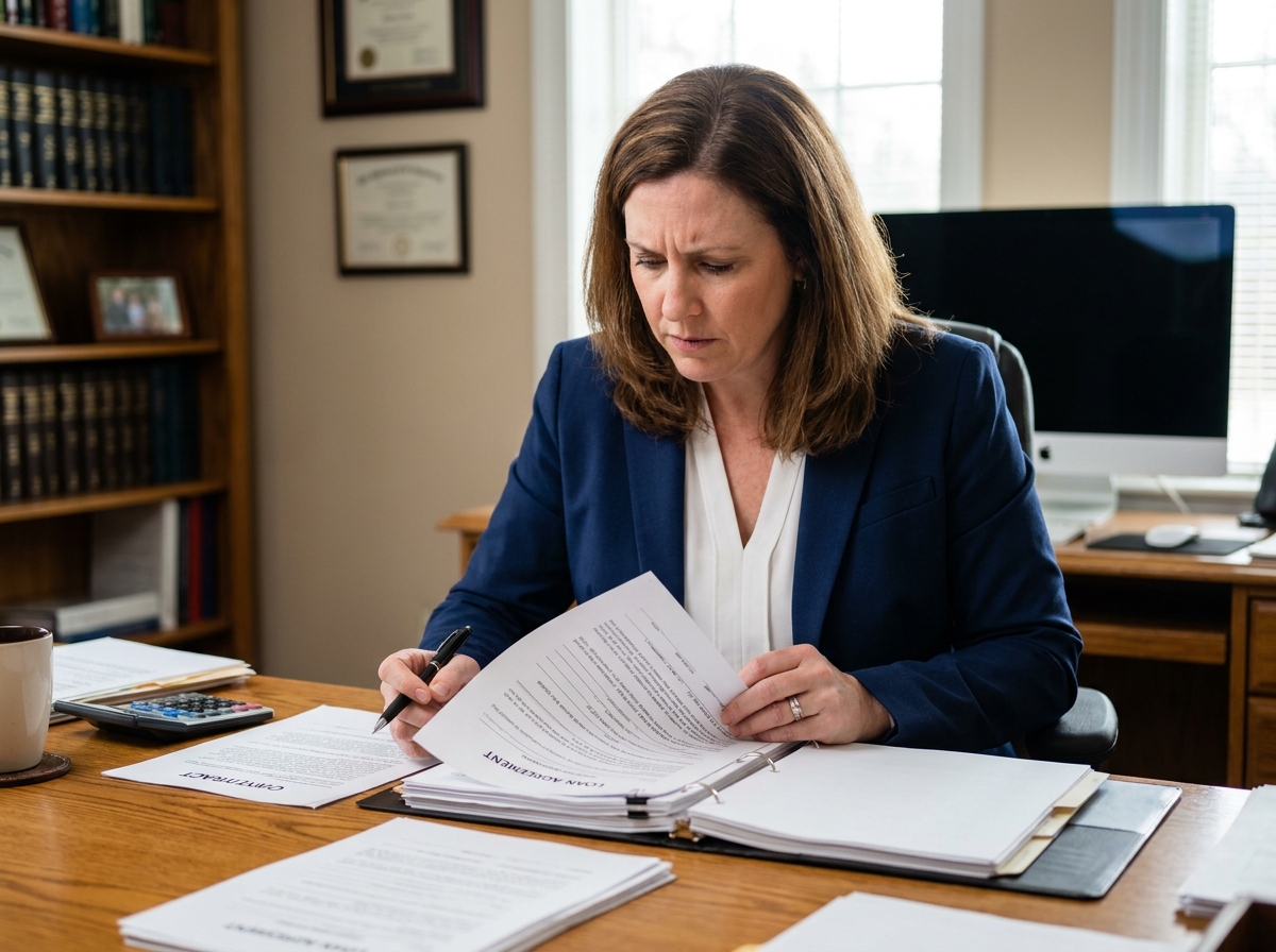 Femme agent public en blazer marine révisant des documents de prêt à son bureau administratif