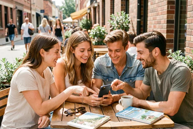 Groupe d'amis consultant une application de cagnotte en ligne sur smartphone autour d'une table de café en terrasse pour organiser leur voyage