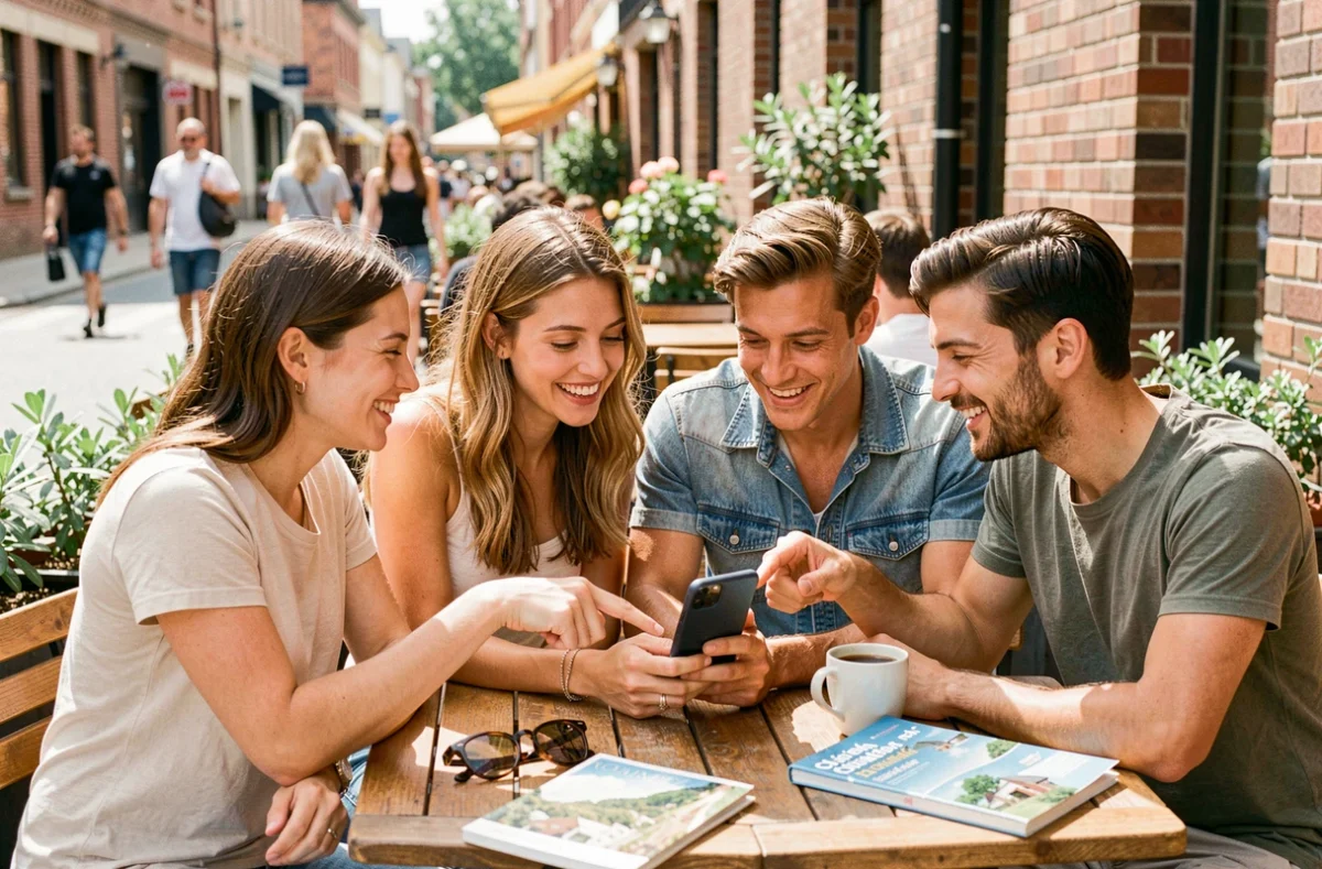 Groupe d'amis consultant une application de cagnotte en ligne sur smartphone autour d'une table de café en terrasse pour organiser leur voyage