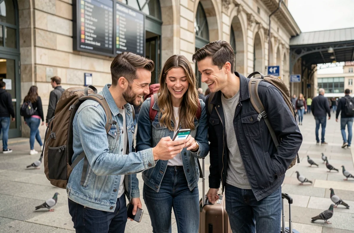 Trois amis vérifiant leur cagnotte de voyage partagée sur smartphone devant une gare européenne le jour du départ