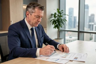 Homme d'affaires en costume analysant des documents sur les SCPI dans un bureau moderne avec vue sur la ville