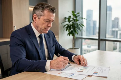 Homme d'affaires en costume analysant des documents sur les SCPI dans un bureau moderne avec vue sur la ville