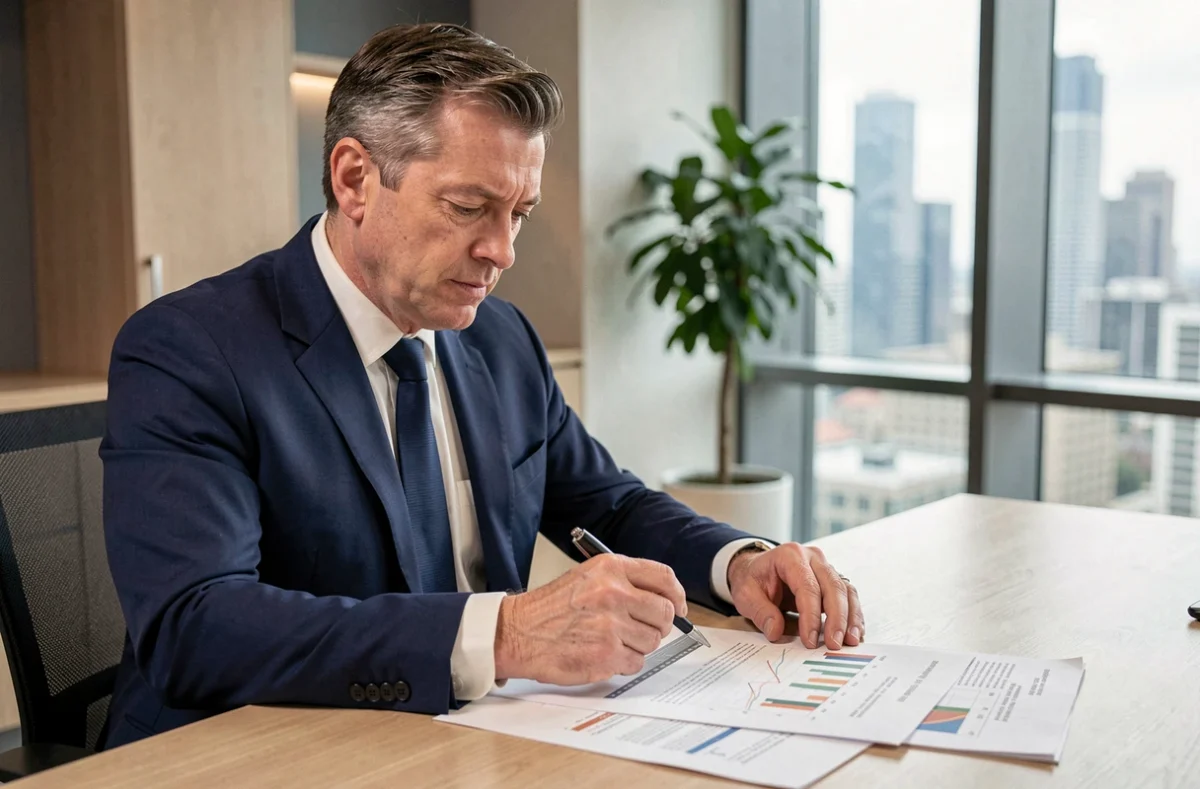 Homme d'affaires en costume analysant des documents sur les SCPI dans un bureau moderne avec vue sur la ville