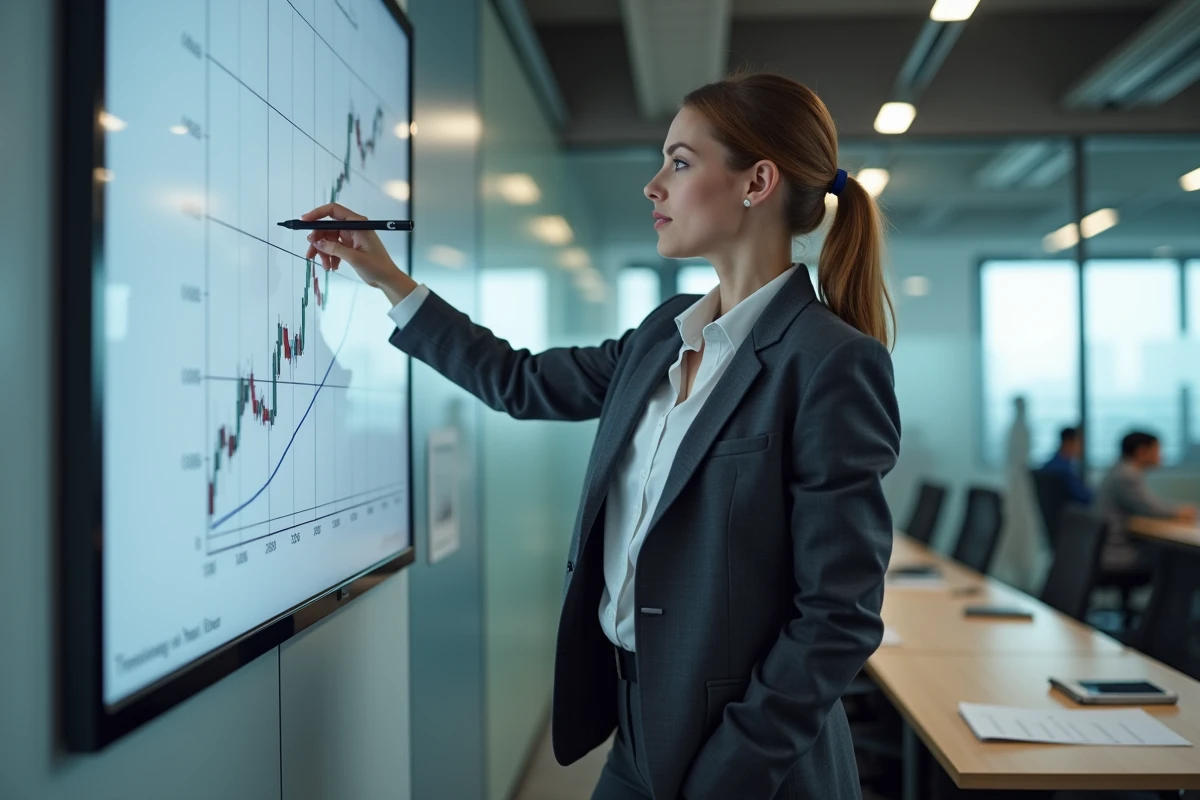 Analyste financière présentant un pattern double bottom avec volume devant un tableau de bord en salle de trading
