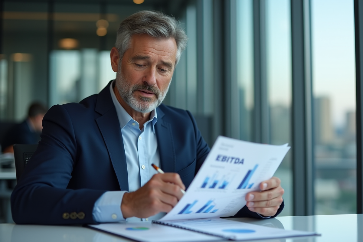 Analyste financier homme en bureau moderne avec rapport EBITDA