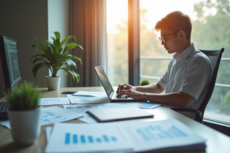Jeune professionnel analysant documents financiers au bureau
