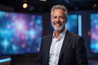 Animateur de télévision dans un studio moderne, illustrant le débat sur les salaires des personnalités médiatiques en 2026
