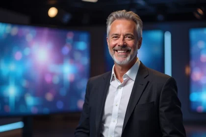 Animateur de télévision dans un studio moderne, illustrant le débat sur les salaires des personnalités médiatiques en 2026