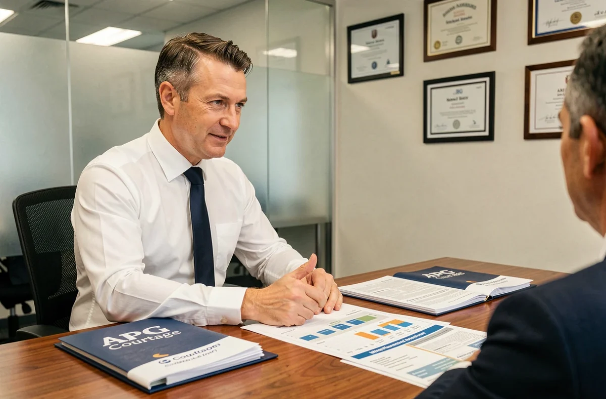 Conseiller du cabinet APG Courtage présentant des offres d'assurance emprunteur à un client
