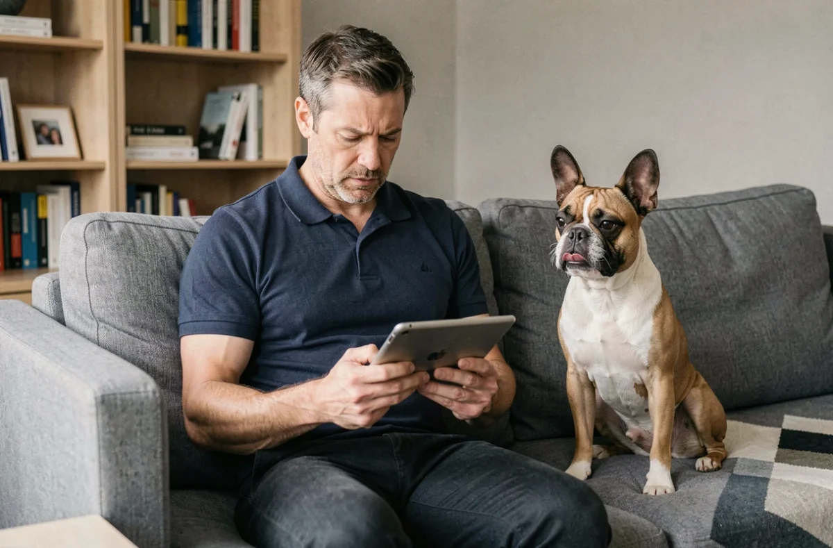 Homme consultant une assurance chien en ligne sur sa tablette avec son bouledogue français sur le canapé