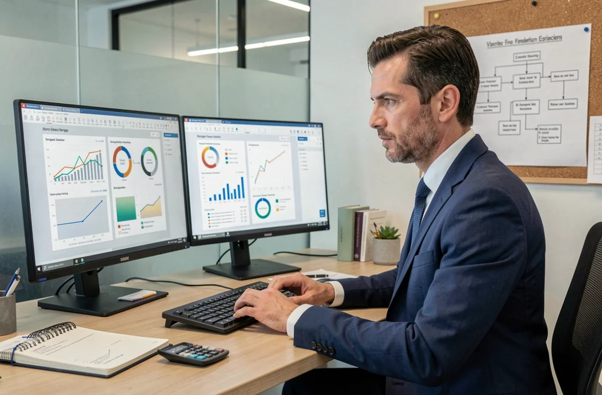 Courtier Audit Invest analysant des simulations de financement et d'assurance sur ordinateur à Montpellier