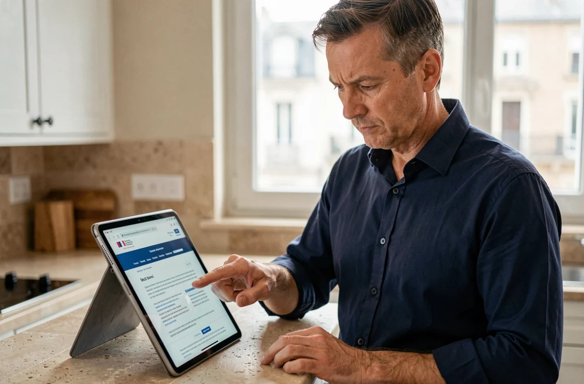 Homme vérifiant l'authenticité d'un site de créances publiques françaises sur une tablette dans une cuisine moderne