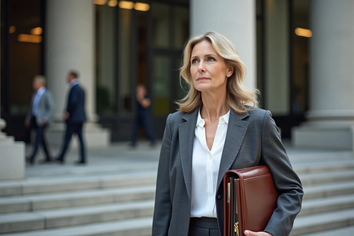 Avocate tenant des dossiers juridiques devant un palais de justice, illustrant les enquêtes légales sur les montages de sociétés de milliardaires