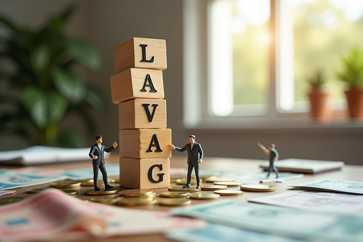 Blocs en bois avec figurines de traders et monnaie autour