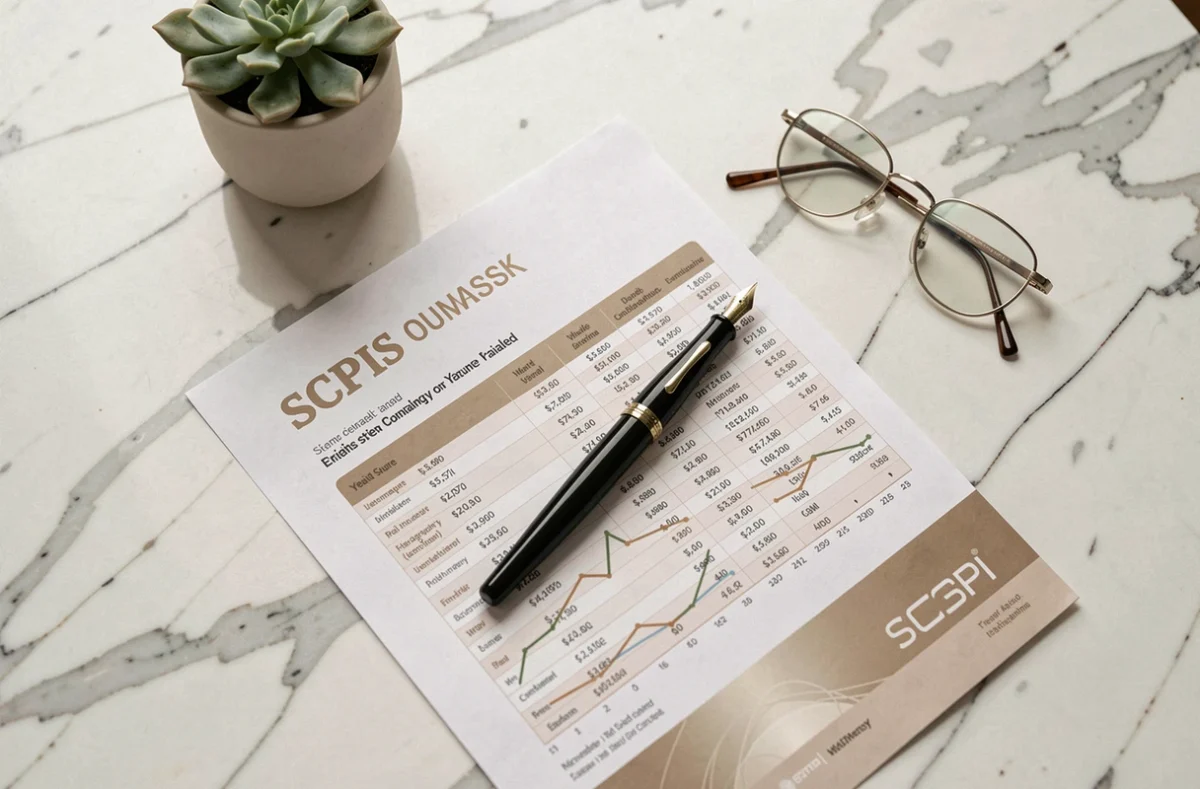 Brochure SCPI avec tableaux de prix et stylo plume sur bureau en marbre blanc