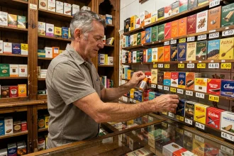 Buraliste espagnol derrière son comptoir avec des cartouches de cigarettes affichant les prix en Espagne