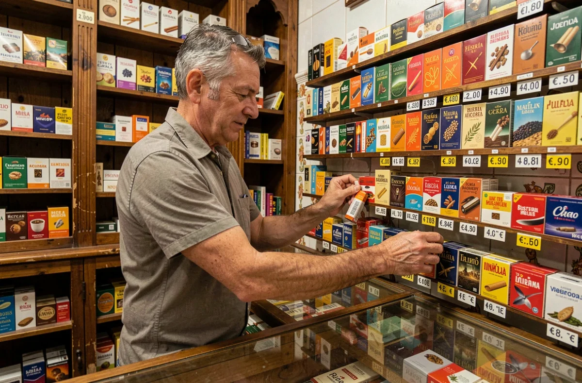 Buraliste espagnol derrière son comptoir avec des cartouches de cigarettes affichant les prix en Espagne