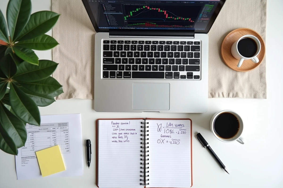 Vue aérienne d'un bureau avec laptop affichant un robot EA de breakout, carnet de notes et rapport de trading comparatif