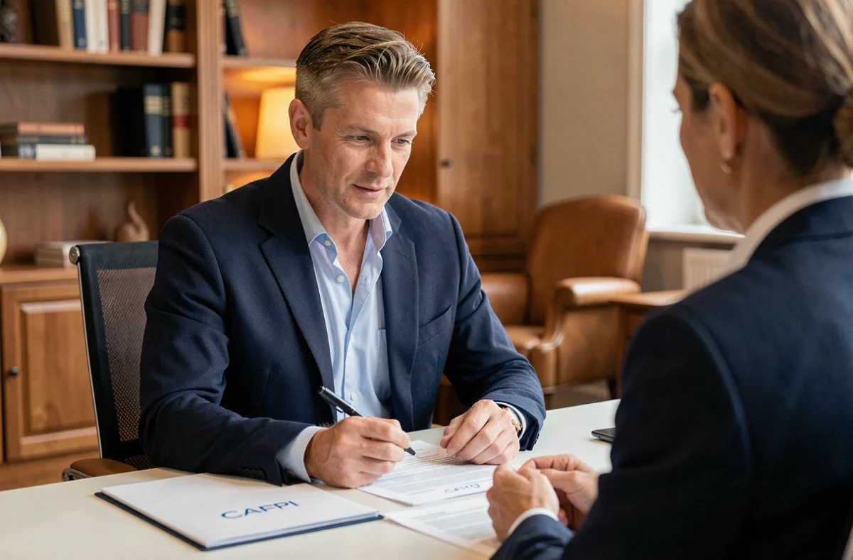 Conseiller CAFPI Alençon présentant une offre de prêt immobilier à un client dans son bureau
