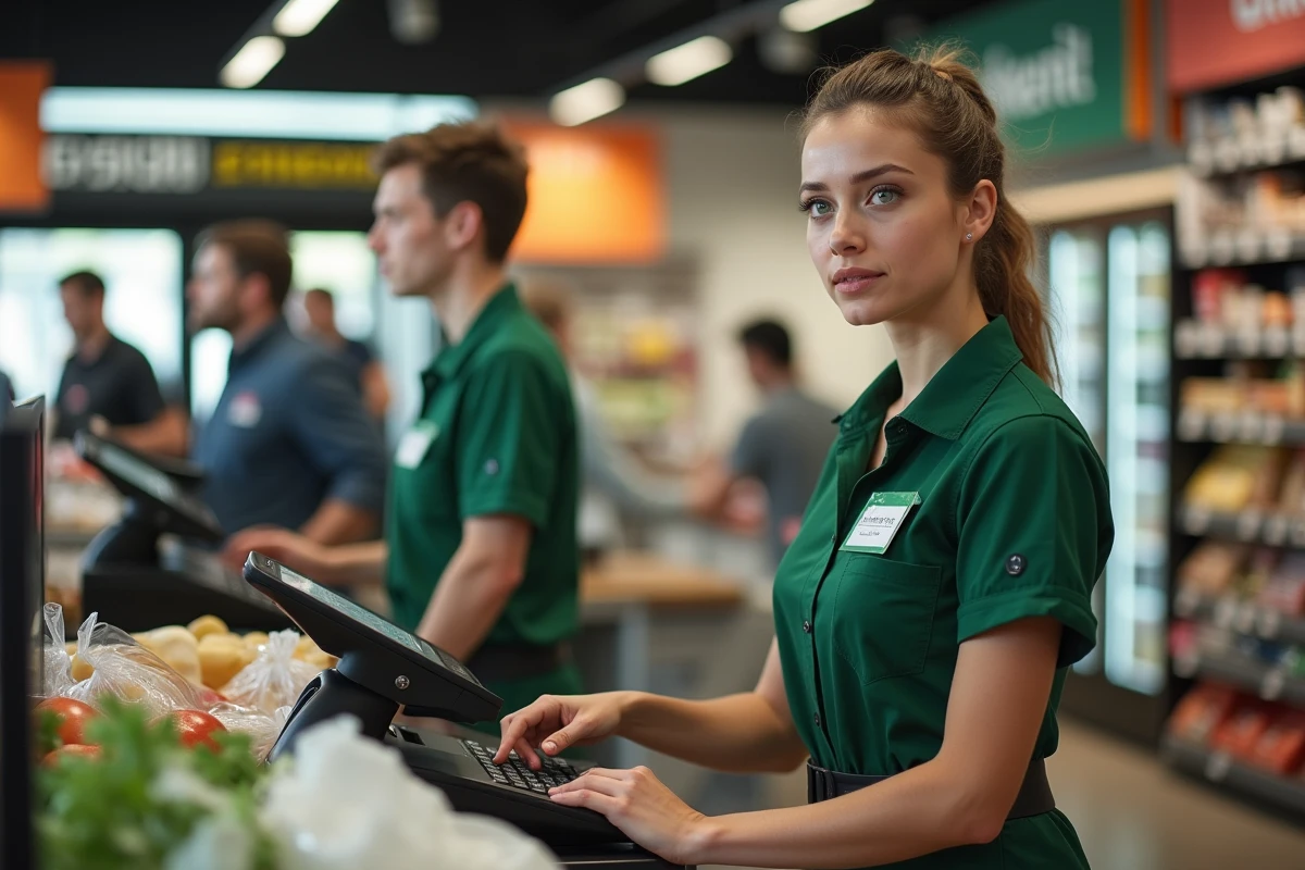 Jeune caissière scannant des courses dans un supermarché allemand
