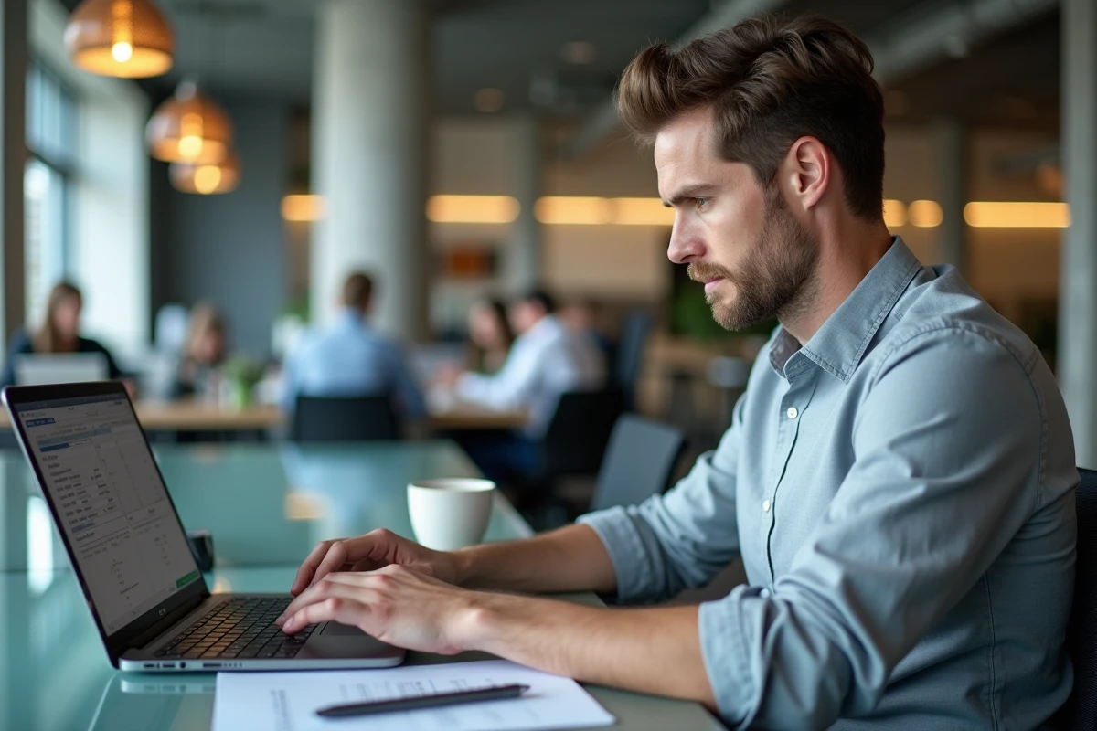 Homme salarié analysant le calcul de son ARE sur ordinateur portable dans un espace de coworking moderne