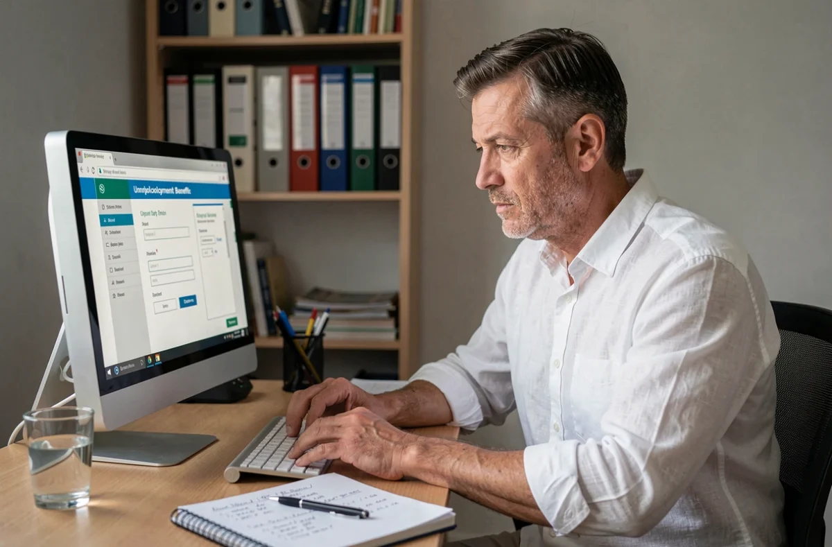 Homme calculant ses droits au chômage sur ordinateur après un salaire net de 1350 euros en CDD