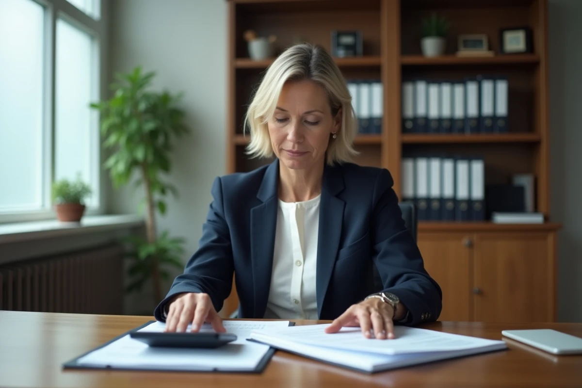 Femme cadre calculant ses indemnités de fin de contrat à son bureau avec documents et calculatrice