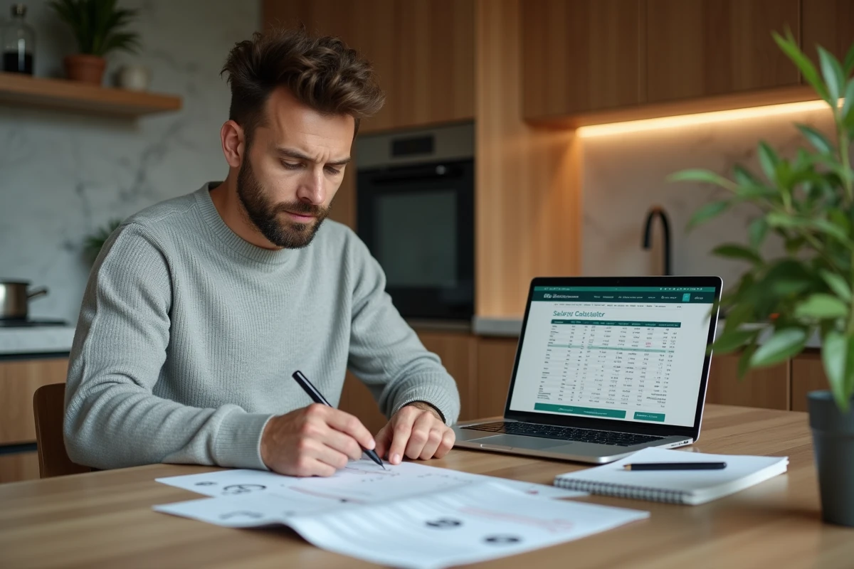 Homme calculant son salaire net luxembourgeois depuis son domicile avec une fiche de paie et un ordinateur