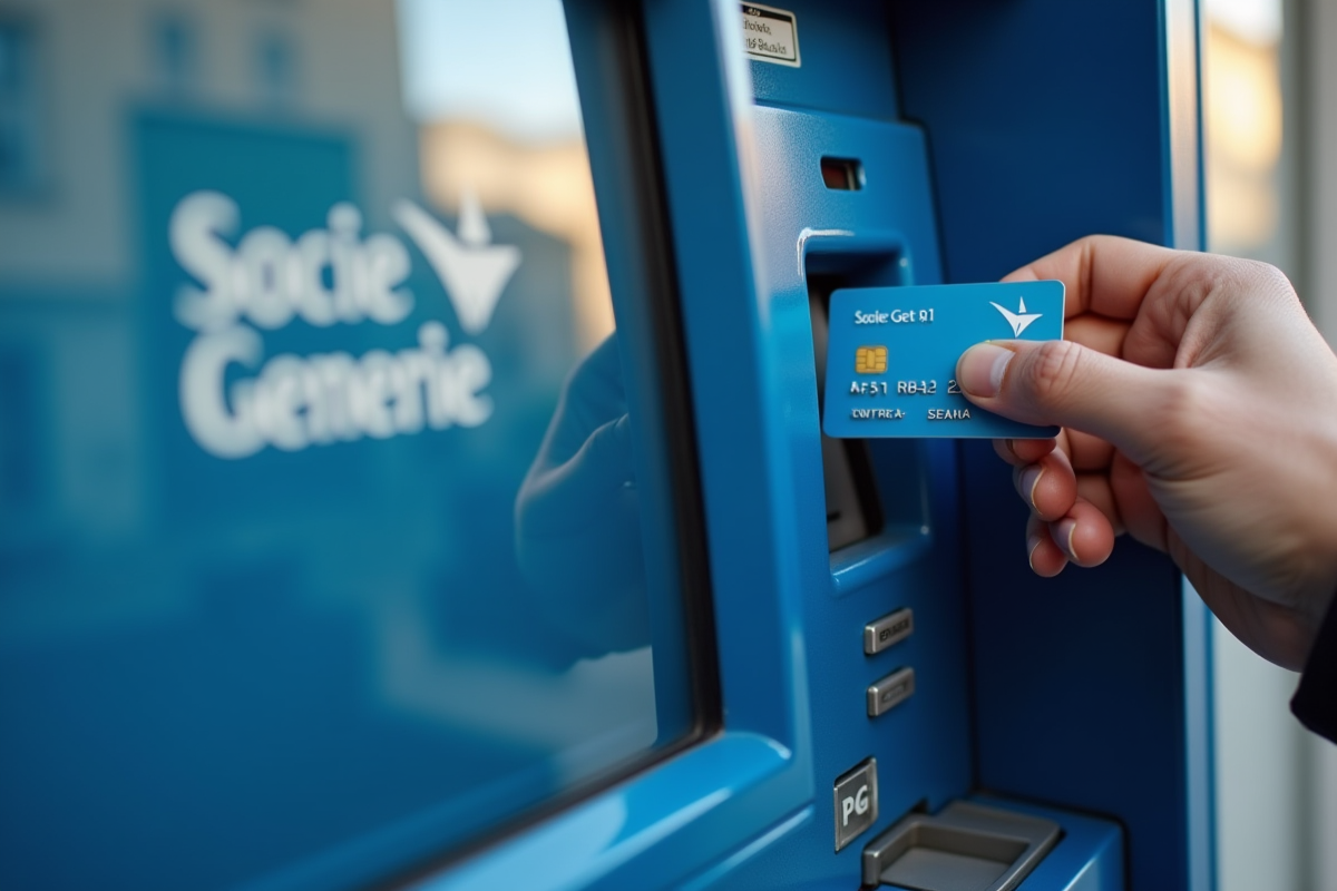 Main insérant une carte bancaire Société Générale dans un ATM en ville