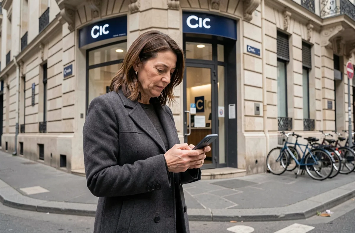 Femme devant une agence CIC consultant son téléphone pour choisir comment ouvrir un compte