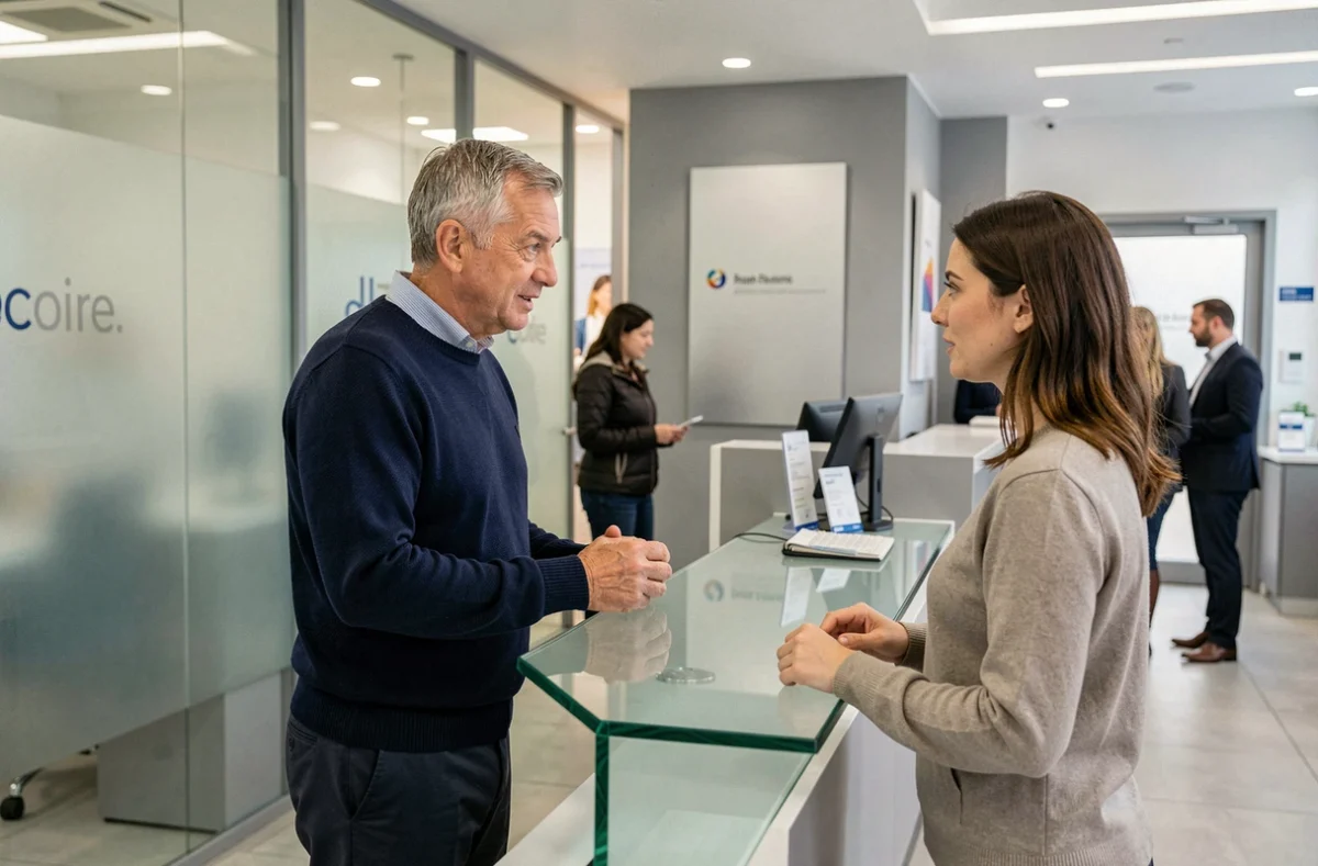 Client discutant avec un conseiller bancaire au sujet de comptes dormants et du transfert des fonds à la Caisse des Dépôts