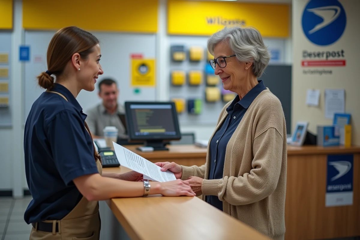 Cliente discutant avec un conseiller au guichet de La Banque Postale pour des informations sur l'assurance ou l'épargne