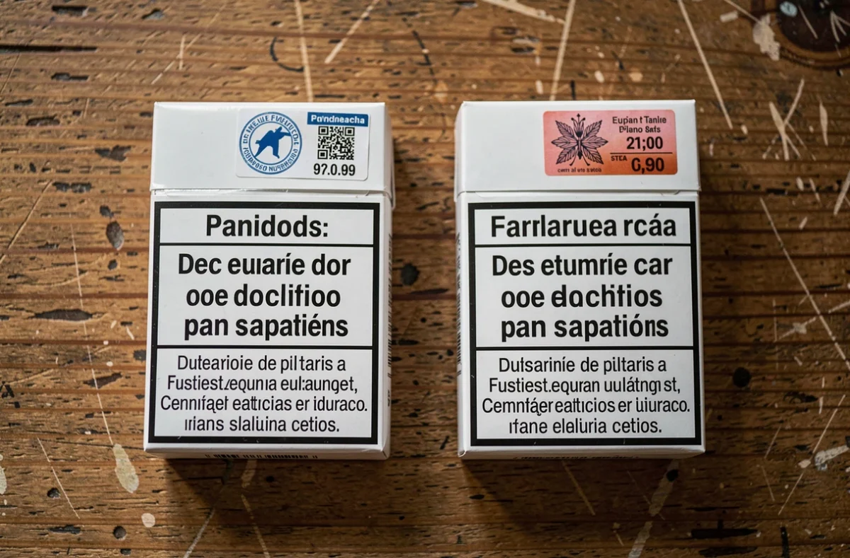 Comparaison des paquets de cigarettes français et espagnols avec étiquettes de prix montrant l'écart tarifaire
