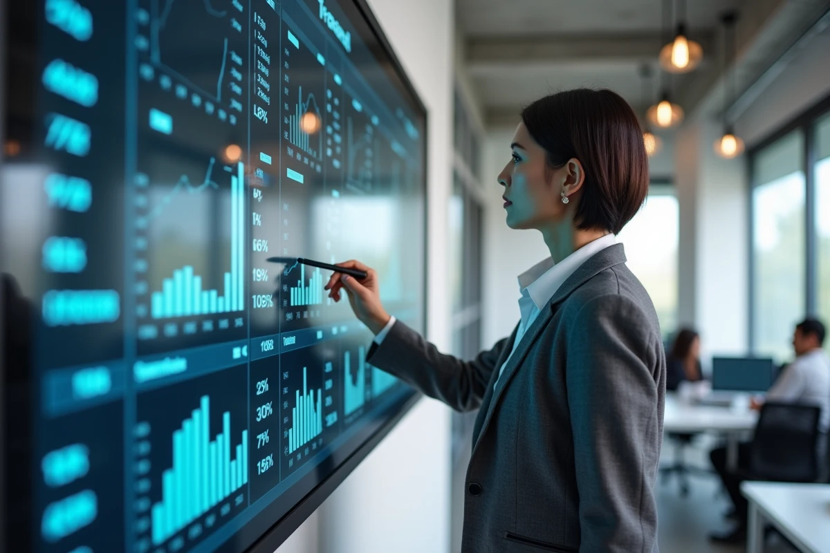 Femme en blazer présentant une comparaison de robots de trading automatisé sur un écran mural interactif