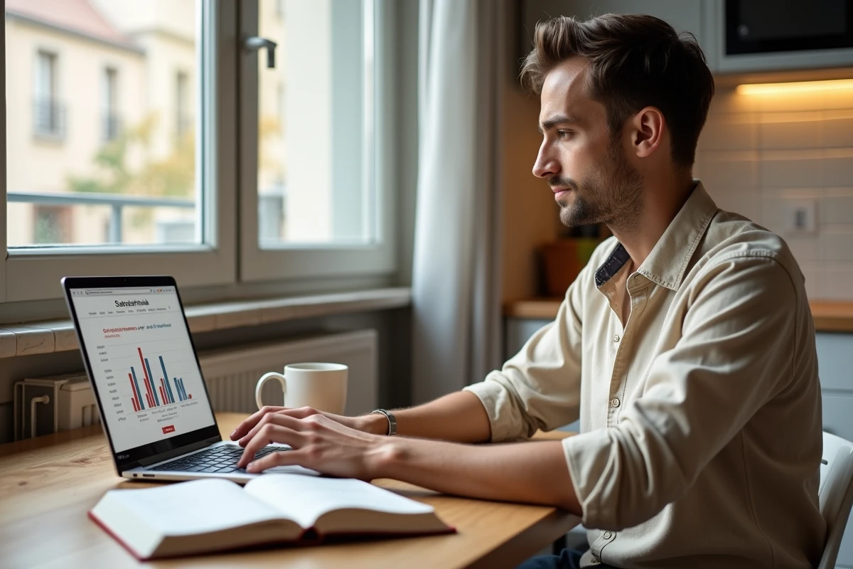Jeune professionnel comparant les salaires moyens selon le diplôme sur un site web depuis son appartement