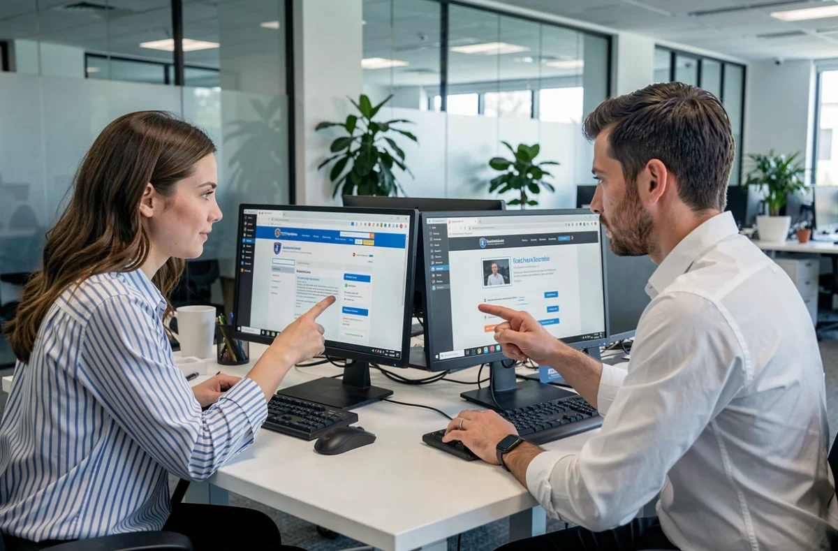 Deux collègues analysant et comparant un vrai et un faux site de créances publiques en France sur des écrans d'ordinateur