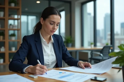 Comptable femme concentrée sur des documents financiers avant la date limite du bilan comptable 2026
