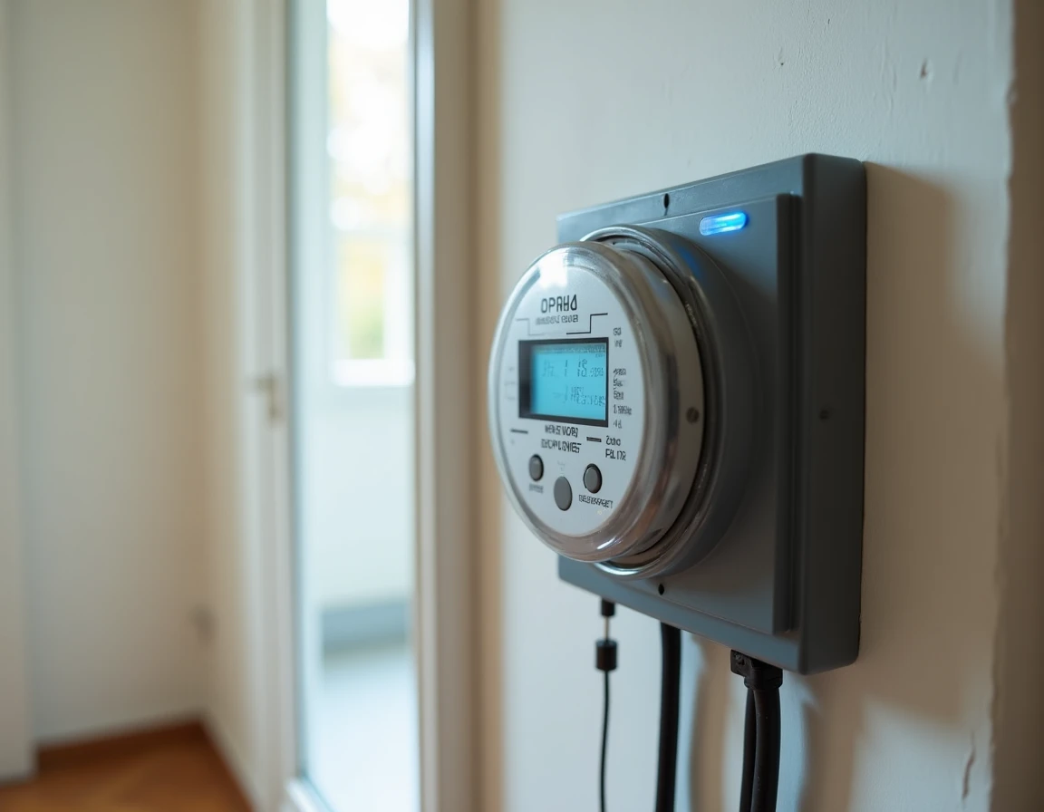 Compteur électrique intelligent Linky avec affichage des heures creuses et heures pleines sur un mur d'appartement français