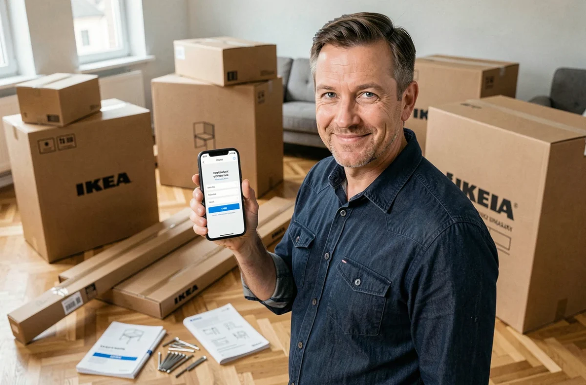 Homme vérifiant la confirmation de paiement IKEA sur son smartphone entouré de cartons de meubles à assembler