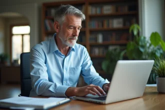 Homme connecté à son espace client LCL sécurisé sur un ordinateur portable depuis son bureau à domicile