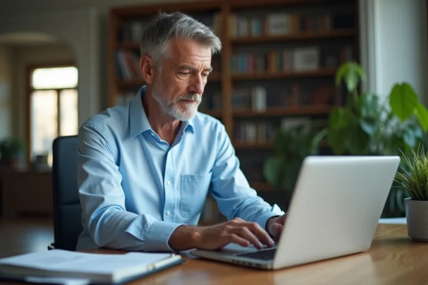Homme connecté à son espace client LCL sécurisé sur un ordinateur portable depuis son bureau à domicile